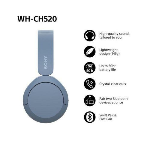SONY WH - CH520L Wireless Bluetooth Headphones - Blue - Fotosound Jersey LTD.