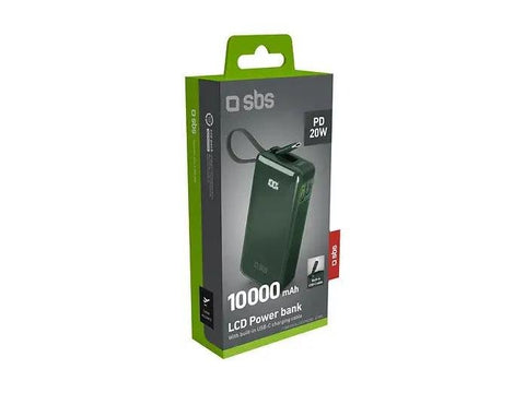 10,000mAh LCD Powerbank, built in USB C cable, PD20W, green - Fotosound