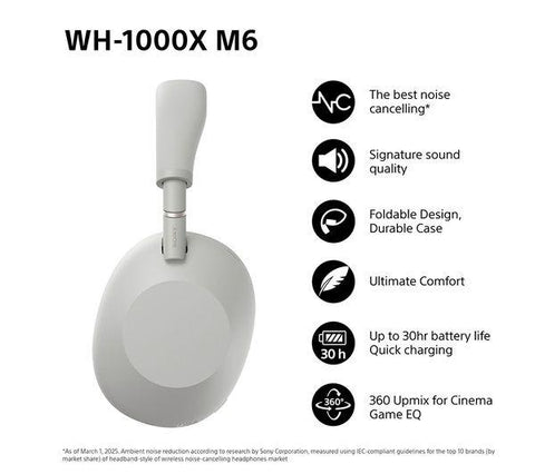 SONY WH-1000XM6 Wireless Bluetooth Noise-Cancelling Headphones - Silver