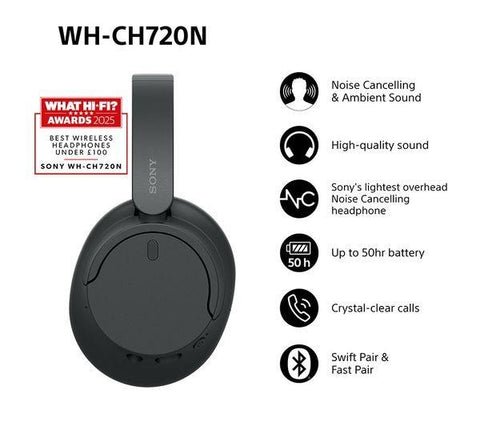 SONY WH-CH720N Wireless Bluetooth Noise-Cancelling Headphones - Black