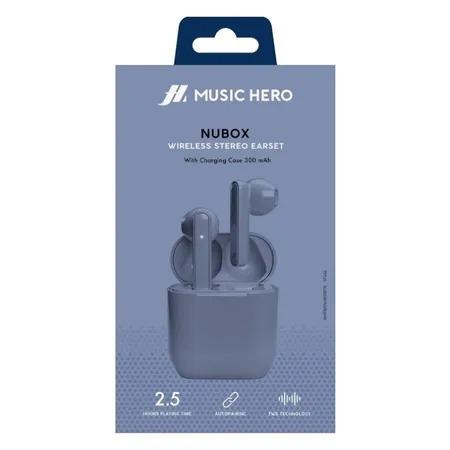 Music Hero NUBOX Wireless TWS Earphones with 300mAh charging base, touch buttons, blue color