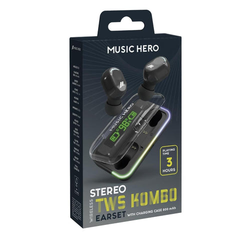Music Hero KOMBO True Wireless Earbuds with LCD Case - Black