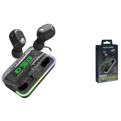 Music Hero KOMBO True Wireless Earbuds with LCD Case - Black