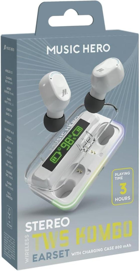 Music Hero KOMBO True Wireless Earbuds with LCD Case - White
