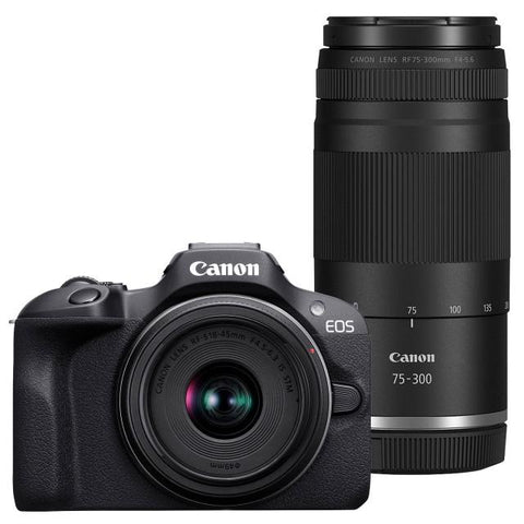 Canon EOS R100 Mirrorless Camera with 18-45 and 75-300mm lenses - Fotosound Jersey LTD.