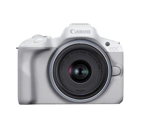 CANON EOS R50 Mirrorless Camera with RF-S 18-45 mm f/4.5-6.3 IS STM Lens - White - Fotosound Jersey LTD.