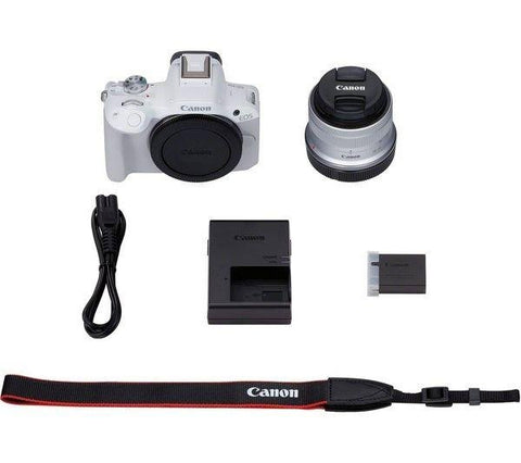 CANON EOS R50 Mirrorless Camera with RF-S 18-45 mm f/4.5-6.3 IS STM Lens - White - Fotosound Jersey LTD.