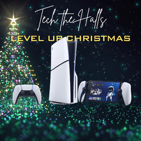 Gaming console and controllers with a Christmas tree in the background and text 'Tech the Halls Level Up Christmas'.