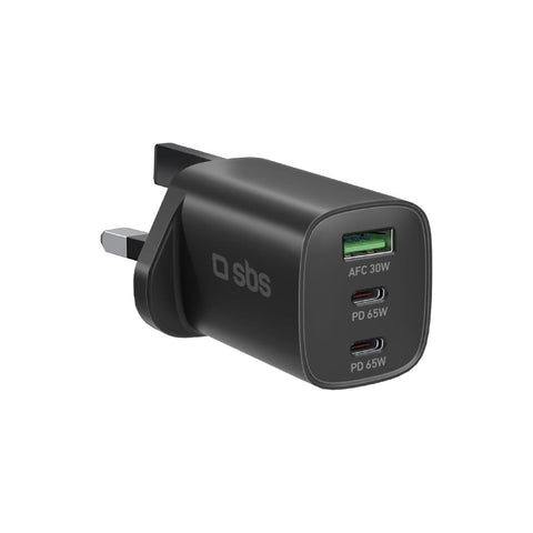 SBS Wall Charger 65W, 2x Type-C + USB, UK plug, black - Fotosound