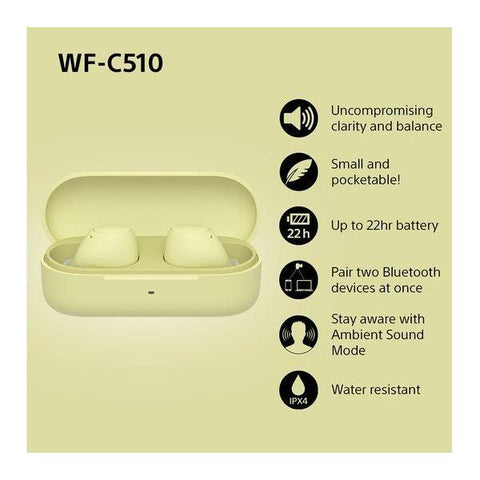 SONY WF - C510 Wireless Bluetooth Earbuds - Yellow - Fotosound Jersey LTD.