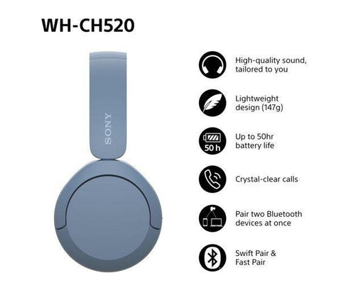 SONY WH-CH520L Wireless Bluetooth Headphones - Blue - Fotosound Jersey LTD.
