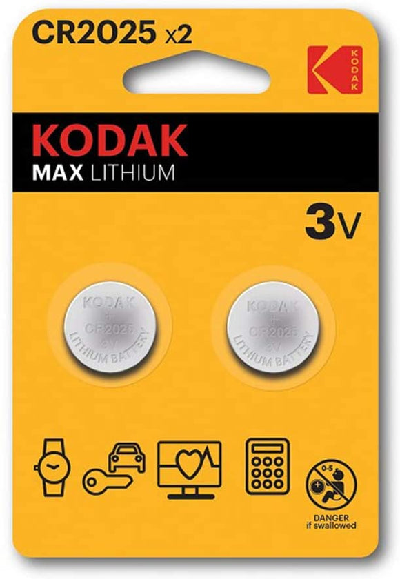 Kodak CR2025 Max Lithium Button Cell Battery Pack of 2